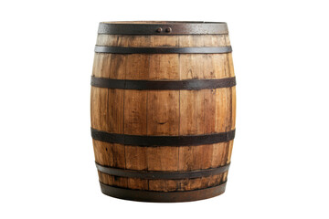 Wooden oak barrel with metal hoops on black background, cut out