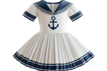 A Charming Sailor Girls Pleated Dress, A Whimsical Nautical Adventure In Off-white And Navy Blue With A Playful Anchor Detail Isolated on Transparent Background