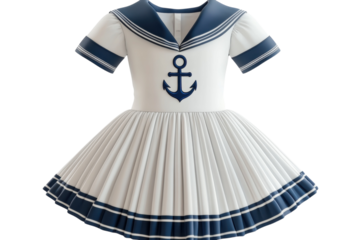 A Charming Sailor Girls Pleated Dress, A Whimsical Nautical Adventure In Off-white And Navy Blue With A Playful Anchor Detail Isolated on Transparent Background