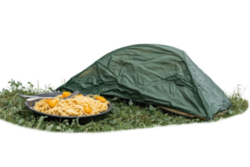 Camping adventure: green tent with pasta meal on grass, cut out