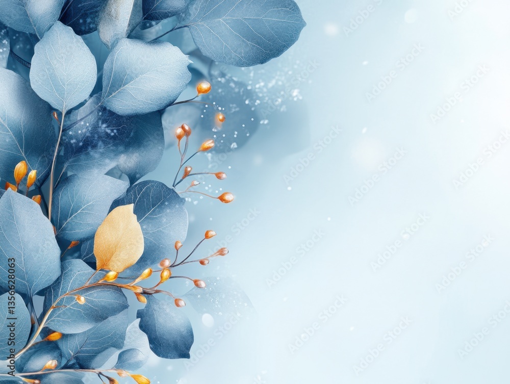 Poster serene blue eucalyptus leaves and golden accents create a tranquil botanical composition with a soft