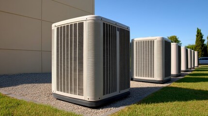 Multiple air conditioning units located outside a commercial building under a clear blue sky during daylight hours