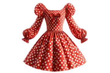 A Charming Vintage-inspired Red Polka Dot Dress With Puffed Sleeves And A Sweet Bow, Showcasing A Playful Retro Style Against A Clean Isolated on Transparent Background