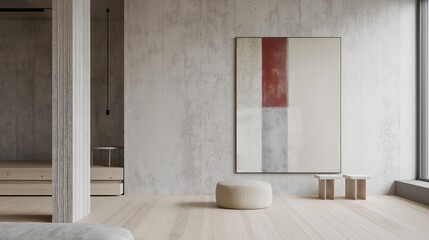 Modern and minimalist living room with a large abstract painting hanging on the wall. the painting is rectangular in shape and has a white background with a red stripe running horizontally across it.