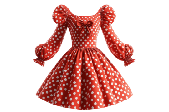A Charming Vintage-inspired Red Polka Dot Dress With Puffed Sleeves And A Sweet Bow, Showcasing A Playful Retro Style Against A Clean Isolated on Transparent Background