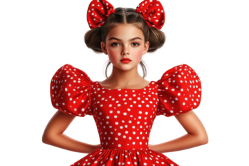 A Charming Young Girl, Radiating Confidence In Her Vibrant Red Polka Dot Dress And Adorable Bow, Poses Elegantly Against A Stark Isolated on Transparent Background