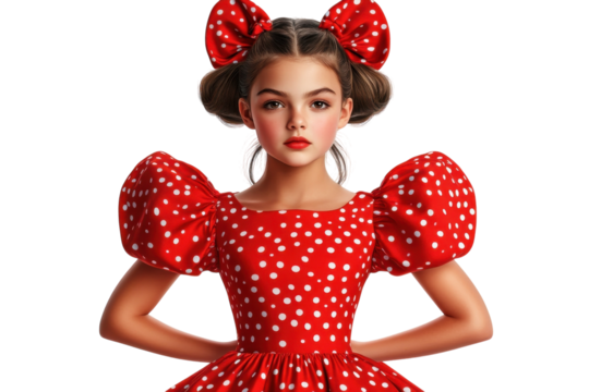 A Charming Young Girl, Radiating Confidence In Her Vibrant Red Polka Dot Dress And Adorable Bow, Poses Elegantly Against A Stark Isolated on Transparent Background