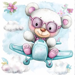 Cute watercolor teddy bear aviator
