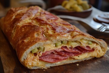 Delicious homemade stromboli with salami cheese and pickles on a wooden board close up shot of italian cuisine with rustic charm and appetizing presentation