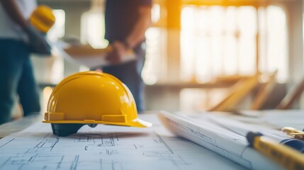Construction planning includes blueprints a hard hat and team members