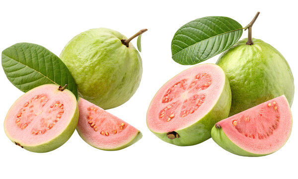 Guava fruit with leaves isolated, Fresh fruits collection, Collection set of whole and half pink guava with leaf isolated
