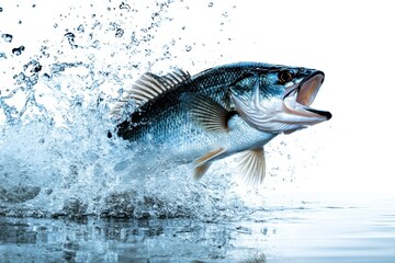 Leaping large mouth bass fish emerges from clear water in dynamic splash against bright white background studio shot