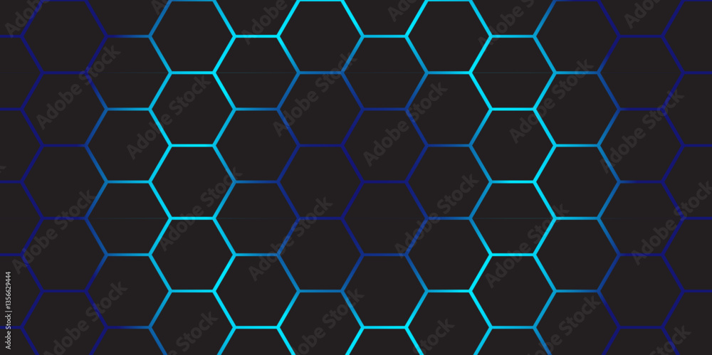 Poster futuristic hexagonal grid background, blue neon digital hexagon pattern. abstract futuristic technol