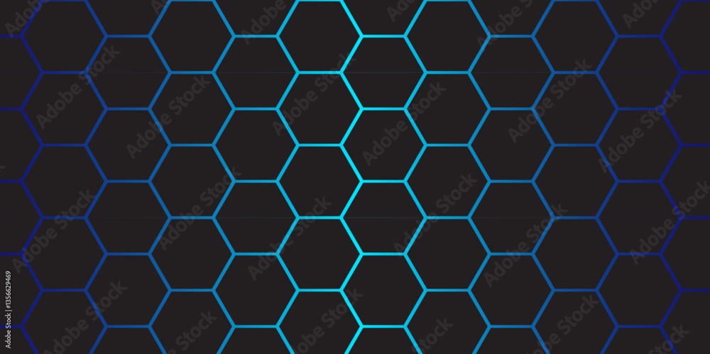 Poster futuristic hexagonal grid background, blue neon digital hexagon pattern. abstract futuristic technol