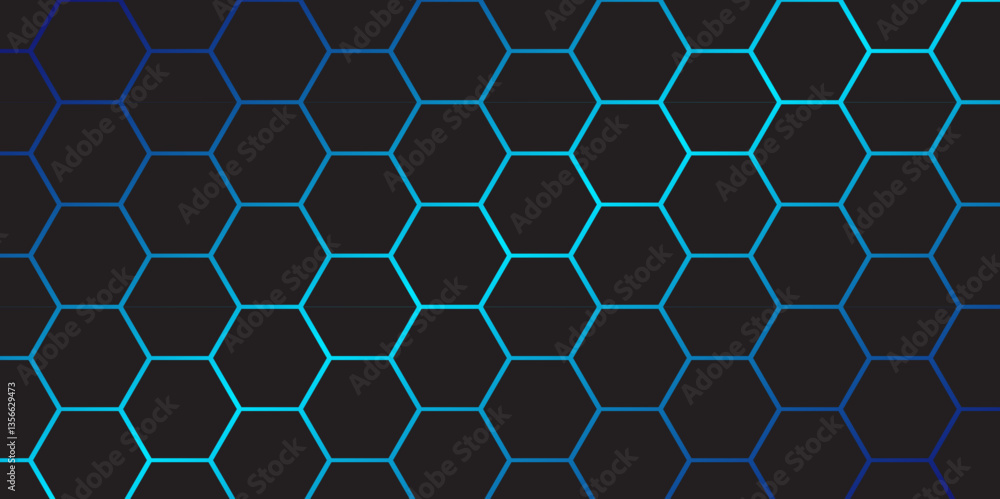 Poster futuristic hexagonal grid background, blue neon digital hexagon pattern. abstract futuristic technol