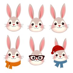Fototapeta premium Six adorable bunny faces, each with a unique charming accessory, showcasing playful expressions and heartwarming winter styles in a simple, clean, and delightful cartoon illustration.