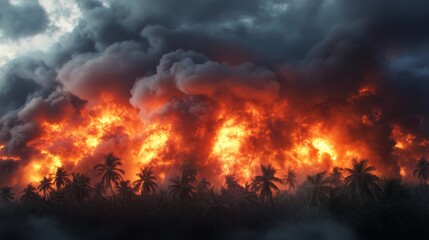 Massive wildfire engulfs tropical landscape with flames and smoke billowing into the sky during a dramatic sunset