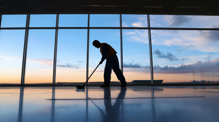 Fototapeta premium Cleaning staff member sweeps polished floor at a modern building during sunset with large windows illuminating the space