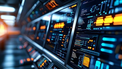 Fototapeta premium A futuristic interface displaying illuminated screens with various colorful data visualizations and technology elements. Concept Futuristic Interface, Colorful Data Visualizations