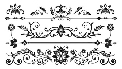 AI Generated vector divider ornament set featuring five rows of intricate black floral motifs including swirls, petals, vines, circular accents on beige background ideal for elegant decorative design