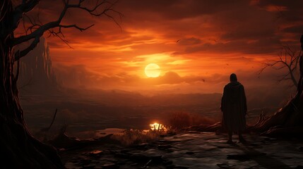 Fototapeta premium Solitary Figure at Sunset: A digital painting of a lone person silhouetted against a fiery sunset over a desolate landscape, conveying a sense of peace and contemplation.