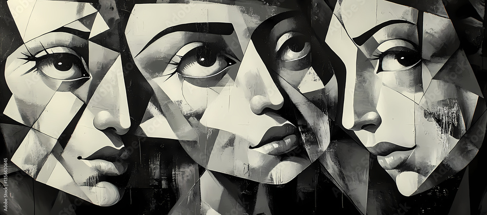 Poster cubism trio: a striking cubist portrayal of three faces, fragmented and reassembled with geometric p