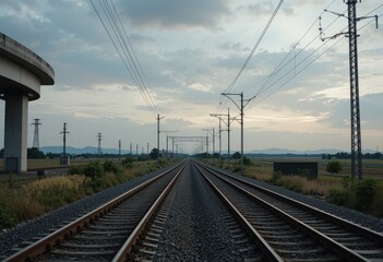 Fototapeta premium Journey down the rail lines towards distant mountains under a vast sky with straight perspective and cool color palette