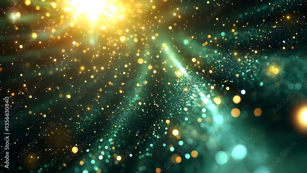 Poster a vibrant, abstract representation of sparkling particles and light rays in various colors, creating