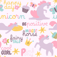 Seamless Pattern with Cute Unicorns. Magic Fairy tale girly pink background with phrases and unicorn. Wallpaper for gift cards, print design and decoration. Funny childish illustration.