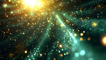 A vibrant, abstract representation of sparkling particles and light rays in various colors, creating a mystical atmosphere. Concept Abstract Art, Vibrant Colors, Sparkling Particles, Light Rays