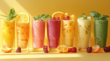 Colorful fruit smoothies displayed on yellow background