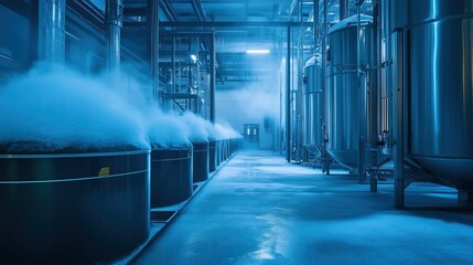 Obraz premium Cryogenics facility at a fusion research center, liquid nitrogen tanks and cooling systems with frost formation.