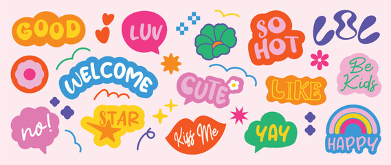 Set of doodle and speech bubble vector. Collection of contemporary figure, speech bubble with text good, like, so hot, happy, kiss me. Chat design element for banner, print, sticker.