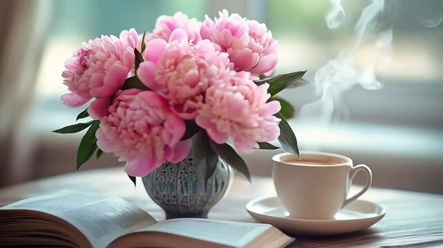 Charming bouquet of pink peonies in a vase beside a steaming cup of coffee