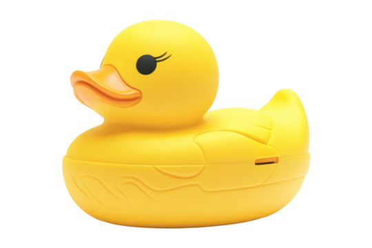 Yellow rubber duck floating on ripples, transparent background