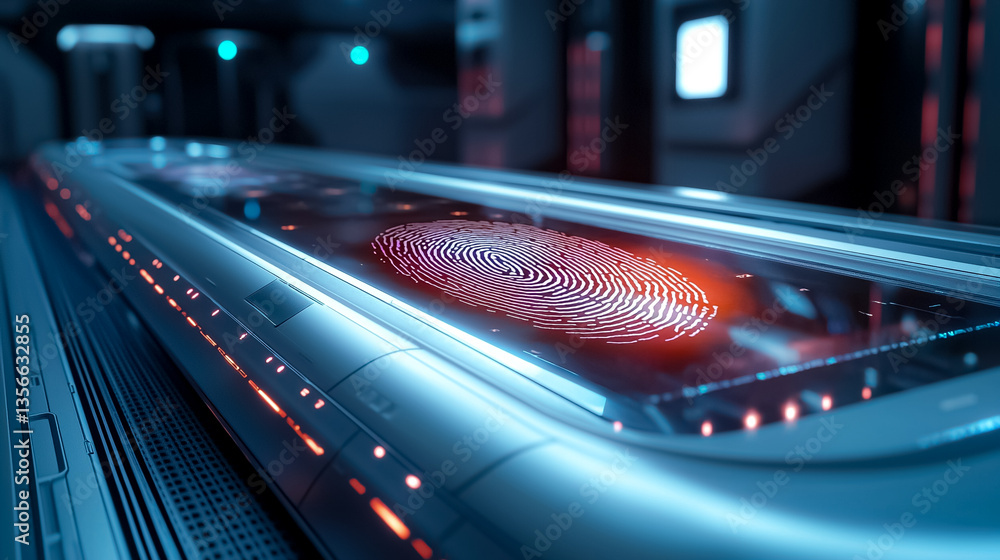 Poster futuristic biometric scanner displaying fingerprint in high-tech environment with blue and red light