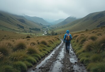 Fototapeta premium Seeking solace a lone hiker finds peace amidst misty mountains on a rugged trail earthy tones soft diffuse light