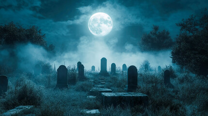 Spooky cemetery landscape with old tombstones and fog under a full moon