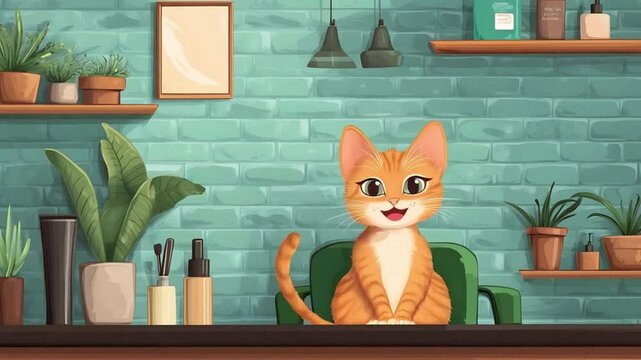 Charming animated orange cat sitting in a cozy room with plants and decor