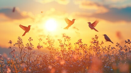 Birds flying at sunset over wildflowers