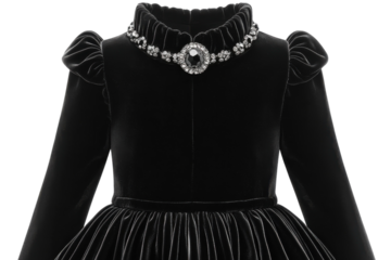 A Regal Young Girls Black Velvet Dress, Adorned With A Sparkling Jeweled Collar, Evokes Timeless Elegance And Sophisticated Charm With A Luxurious Feel Isolated on Transparent Background