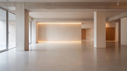 Obraz premium Empty room with a large window on the left side and a wooden door on the right side. the room has a concrete floor and walls, and the ceiling is made of concrete.