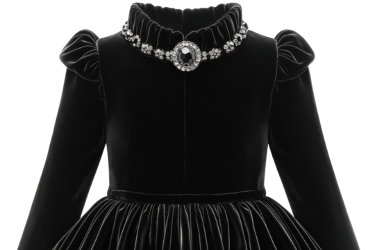 A Regal Young Girls Black Velvet Dress, Adorned With A Sparkling Jeweled Collar, Evokes Timeless Elegance And Sophisticated Charm With A Luxurious Feel Isolated on Transparent Background