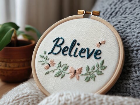 Hand embroidered hoop art, belief message, cozy living room