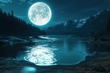 Fototapeta premium Night sky reveals bright full moon over serene lake surrounded by mountains and trees