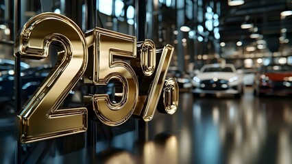 A large, shiny 25% sign in a car showroom, with luxury vehicles visible in the background. Concept Car Showroom Deals, Luxury Vehicles, Shiny Discount Sign, Sale Promotions, Automotive Showcase