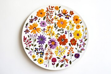 A circular plate adorned with vibrant embroidered flowers in various colors, creating a beautiful floral pattern.