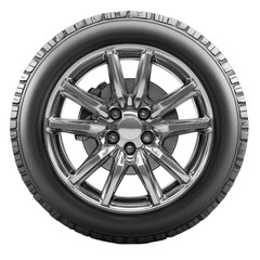 Obraz premium Chrome alloy wheel and tire close up view, isolated on transparent background