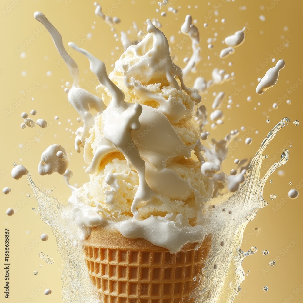 Poster delicious vanilla ice cream cone with splash of milk on a yellow background creating a refreshing an