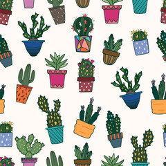 Cacti, seamless pattern, floral pattern with various cacti succulents in colorful pots